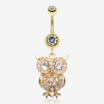 Golden Owl Sparkle Belly Ring-Clear Gem